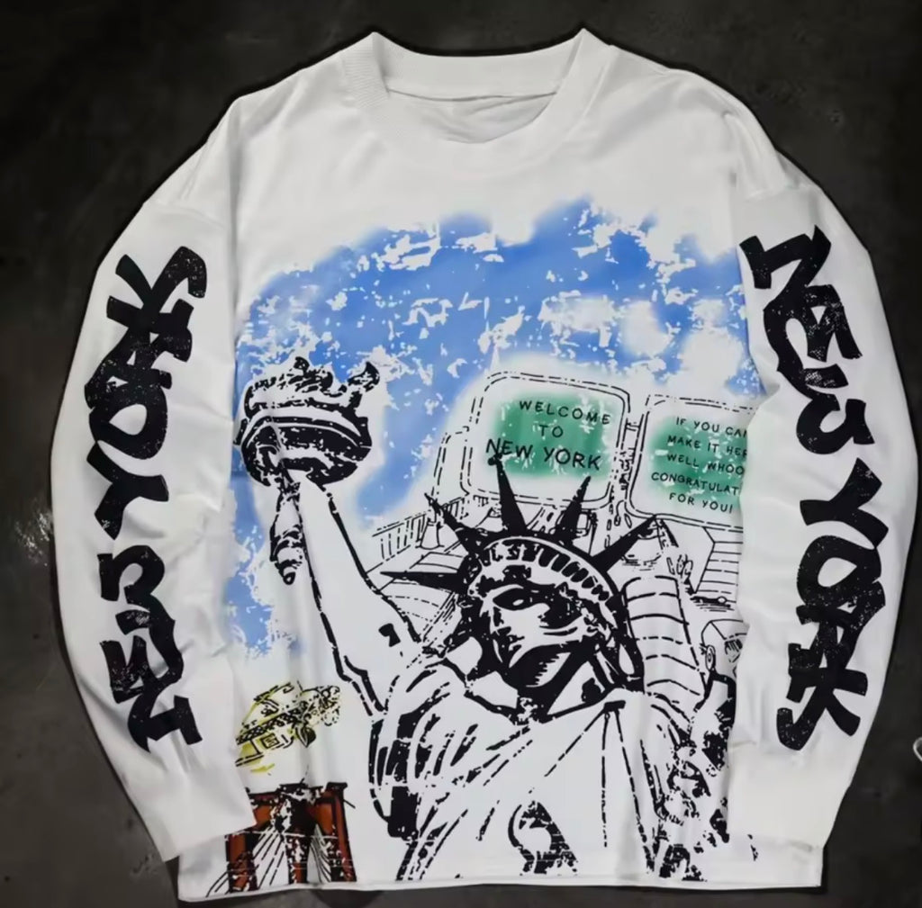 Men's Summer T-Shirt Vintage Graffiti Print Crew Neck Long Sleeve Loose Streetwear Tee Retro Art Casual Hip Hop Fashion Top
