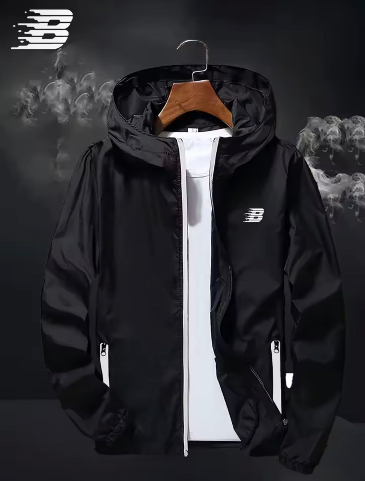 Mens B Logo Hooded Windbreaker Jacket Lightweight Waterproof Windproof Casual Outdoor Sports Hiking Cycling Long Sleeve Coat
