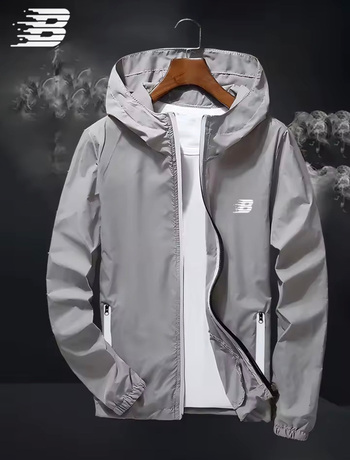 Mens B Logo Hooded Windbreaker Jacket Lightweight Waterproof Windproof Casual Outdoor Sports Hiking Cycling Long Sleeve Coat