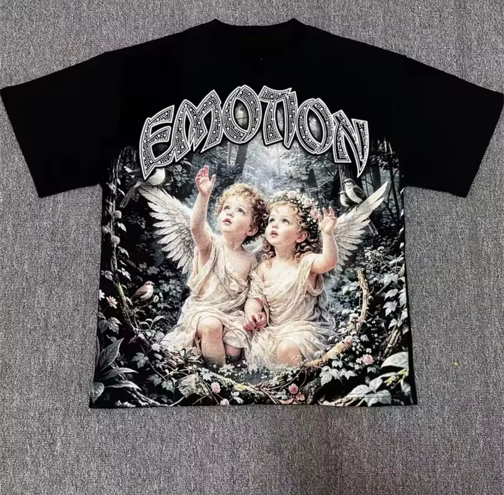 Street mixed fashion angel print short-sleeved loose round-neck pure cotton T-shirt, suitable for both men and women