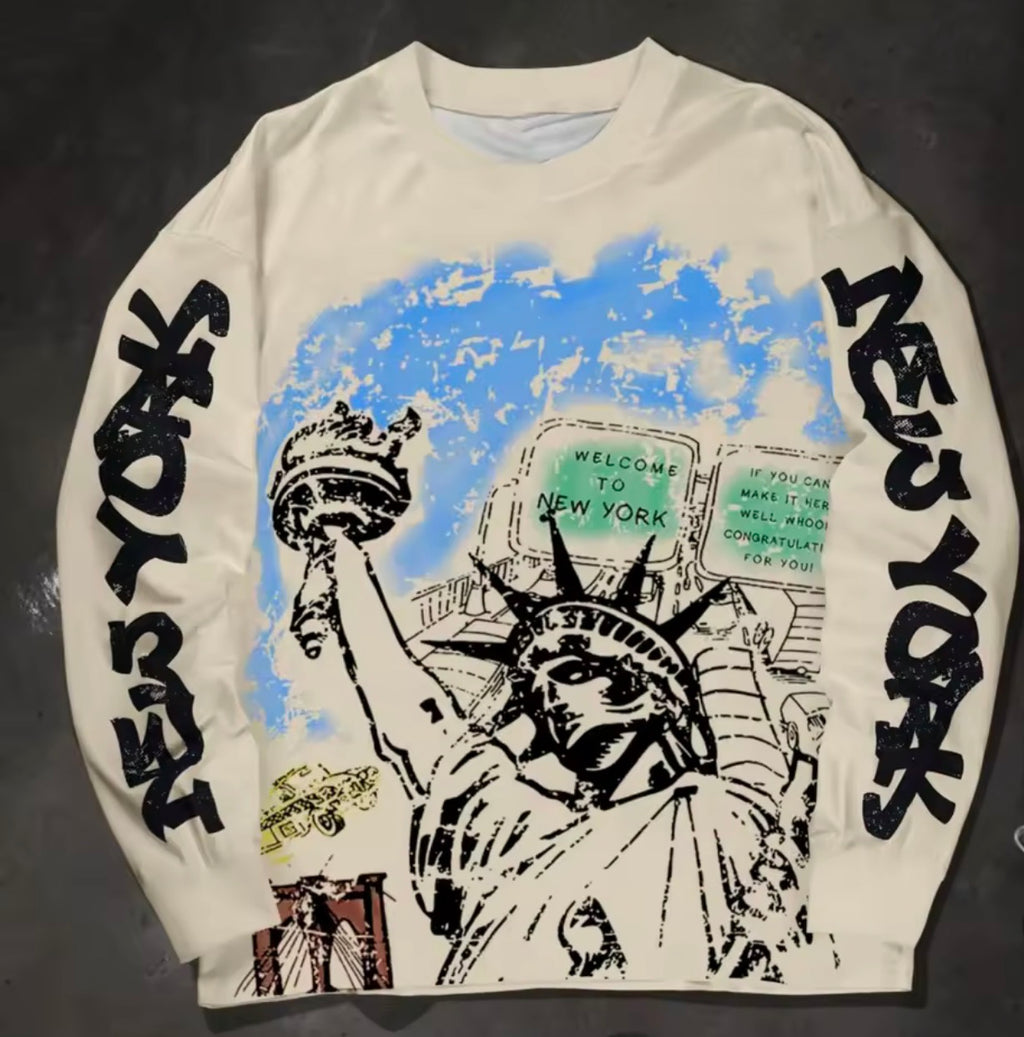 Men's Summer T-Shirt Vintage Graffiti Print Crew Neck Long Sleeve Loose Streetwear Tee Retro Art Casual Hip Hop Fashion Top
