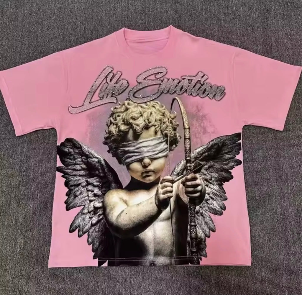 Street mixed fashion angel print short-sleeved loose round-neck pure cotton T-shirt, suitable for both men and women