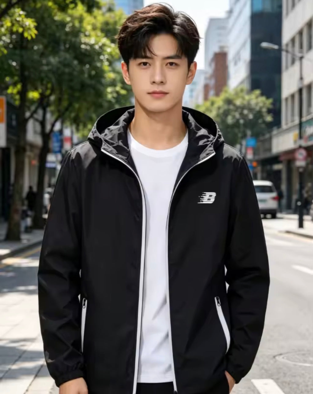 Mens B Logo Hooded Windbreaker Jacket Lightweight Waterproof Windproof Casual Outdoor Sports Hiking Cycling Long Sleeve Coat