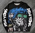 Men's Summer T-Shirt Vintage Graffiti Print Crew Neck Long Sleeve Loose Streetwear Tee Retro Art Casual Hip Hop Fashion Top