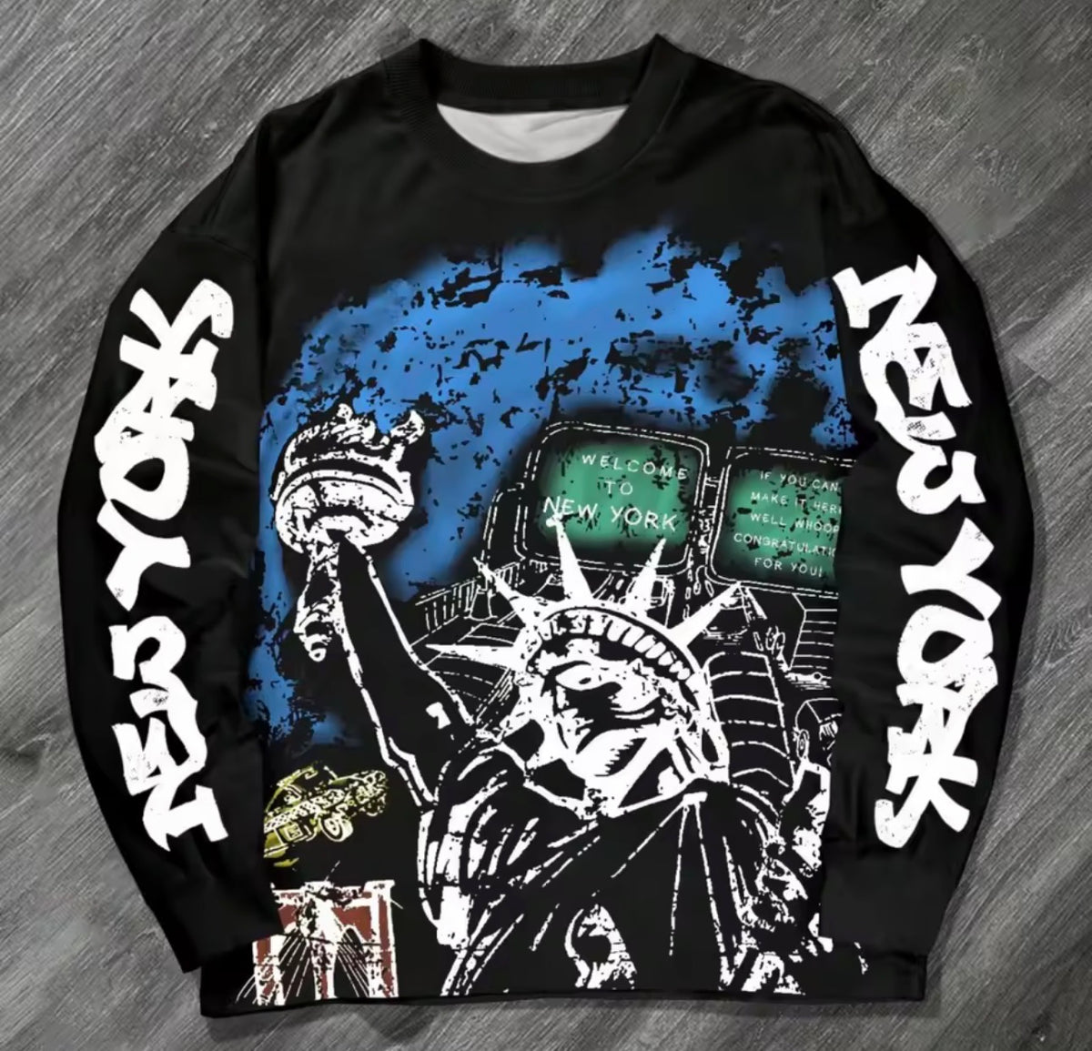 Men's Summer T-Shirt Vintage Graffiti Print Crew Neck Long Sleeve Loose Streetwear Tee Retro Art Casual Hip Hop Fashion Top